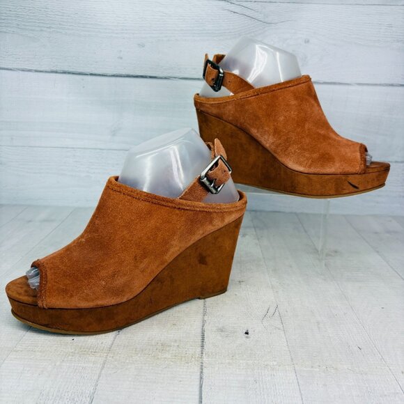 Lucky Brand Suede Slingback Wedge Sandal 7.5 Brown Peep Toe - See Wear/Read Desp - Picture 2 of 16